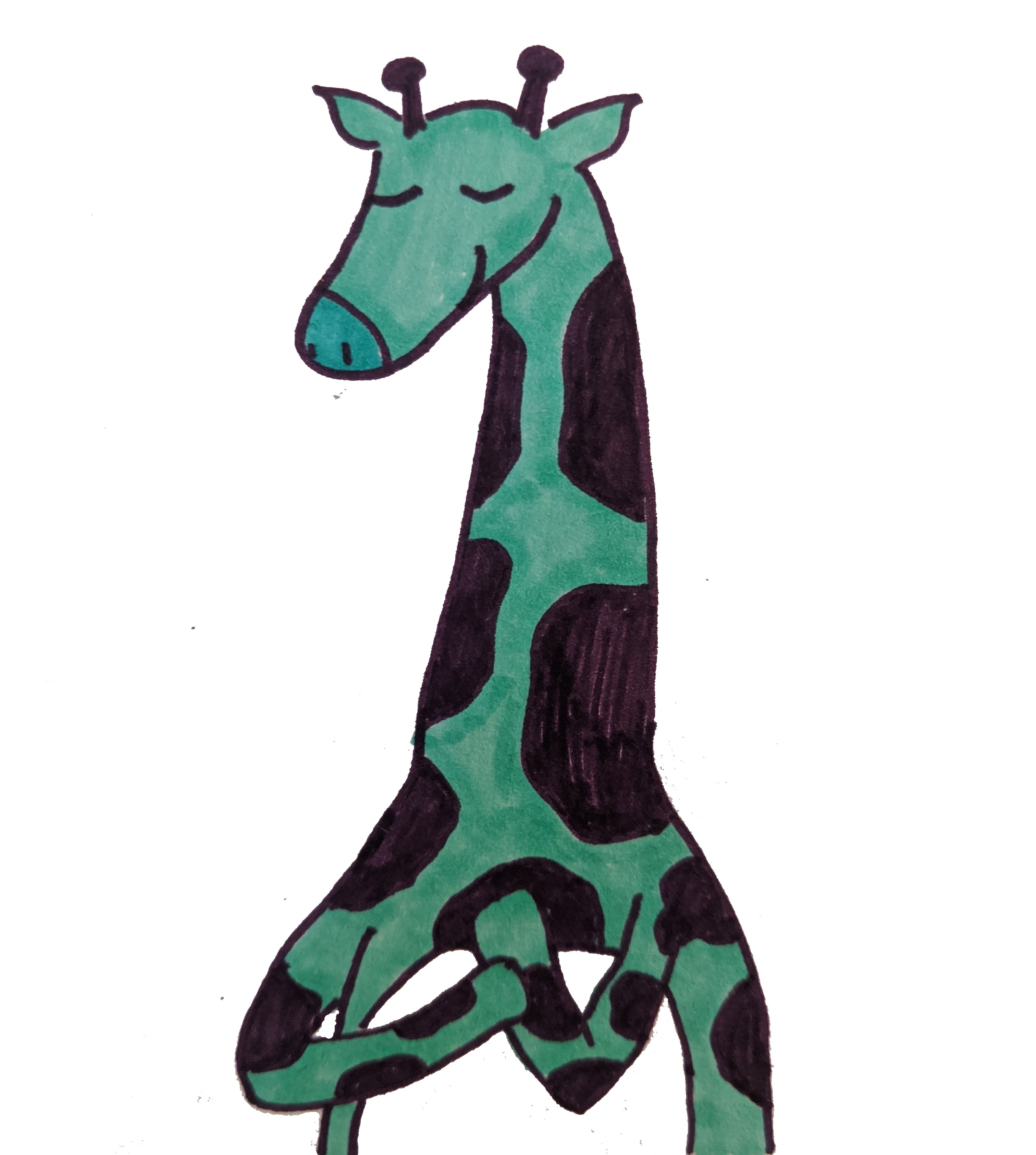 a turquoise giraffe caresses their arm with a smile on their face
